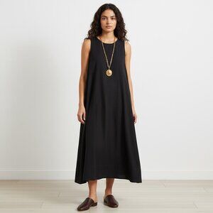 James Perse Cotton A-Line Midi Dress SZ S Black Minimalist Lagenlook Boho